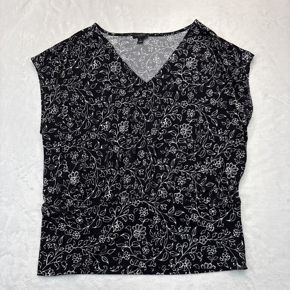 Ann Taylor Factory Top Womens Medium Black Floral V-Neck Sleeveless Blouse Boho